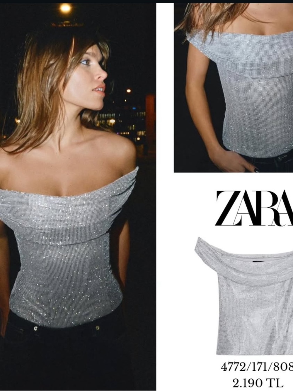 ZARA Silver Off-Shoulder Sparkle Top